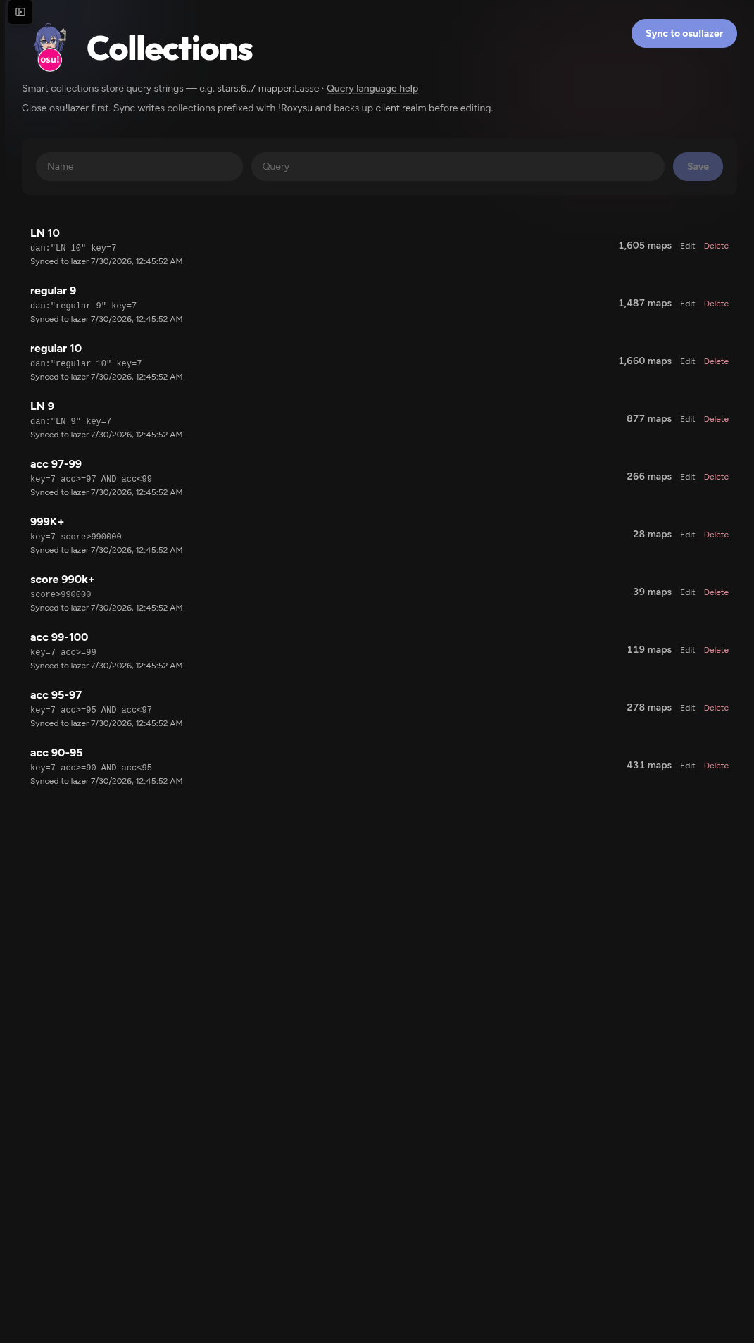 Collections page with smart query collections and sync button