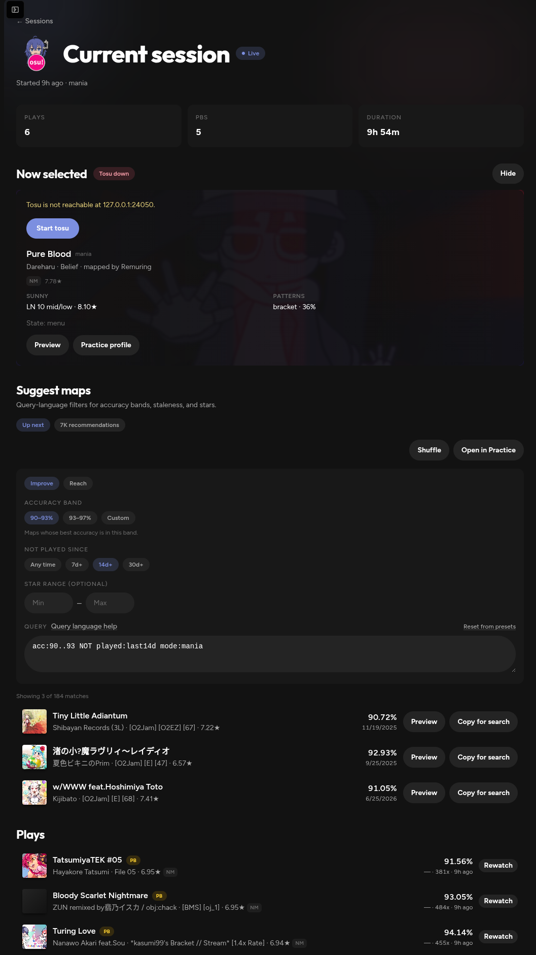 Current session page with map suggestions and recent plays