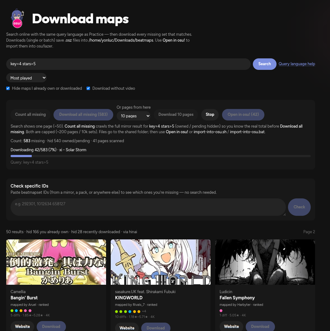 Download maps page with online search, batch download, and beatmap cards