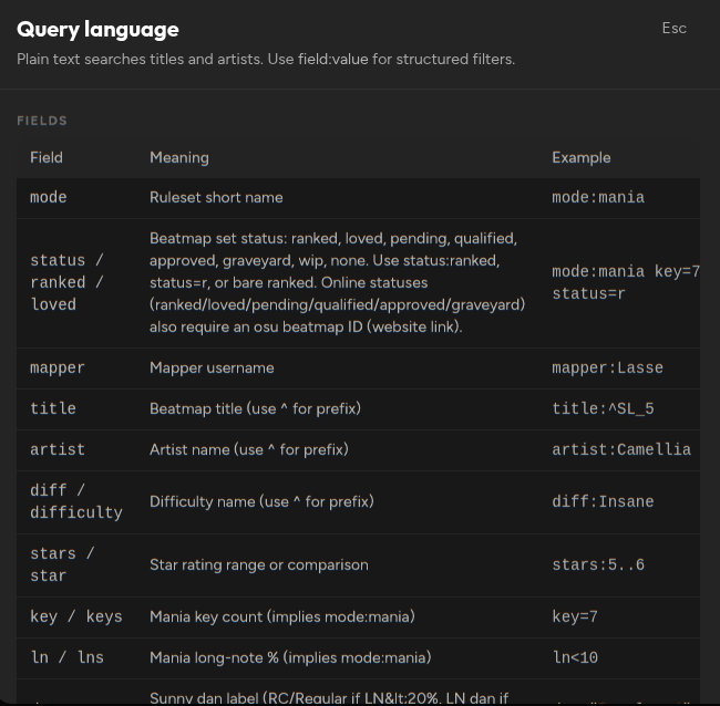 In-app query language field reference