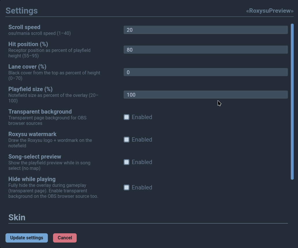 RoxysuPreview general settings in the Tosu dashboard: scroll speed, hit position, lane cover, playfield size, and overlay toggles
