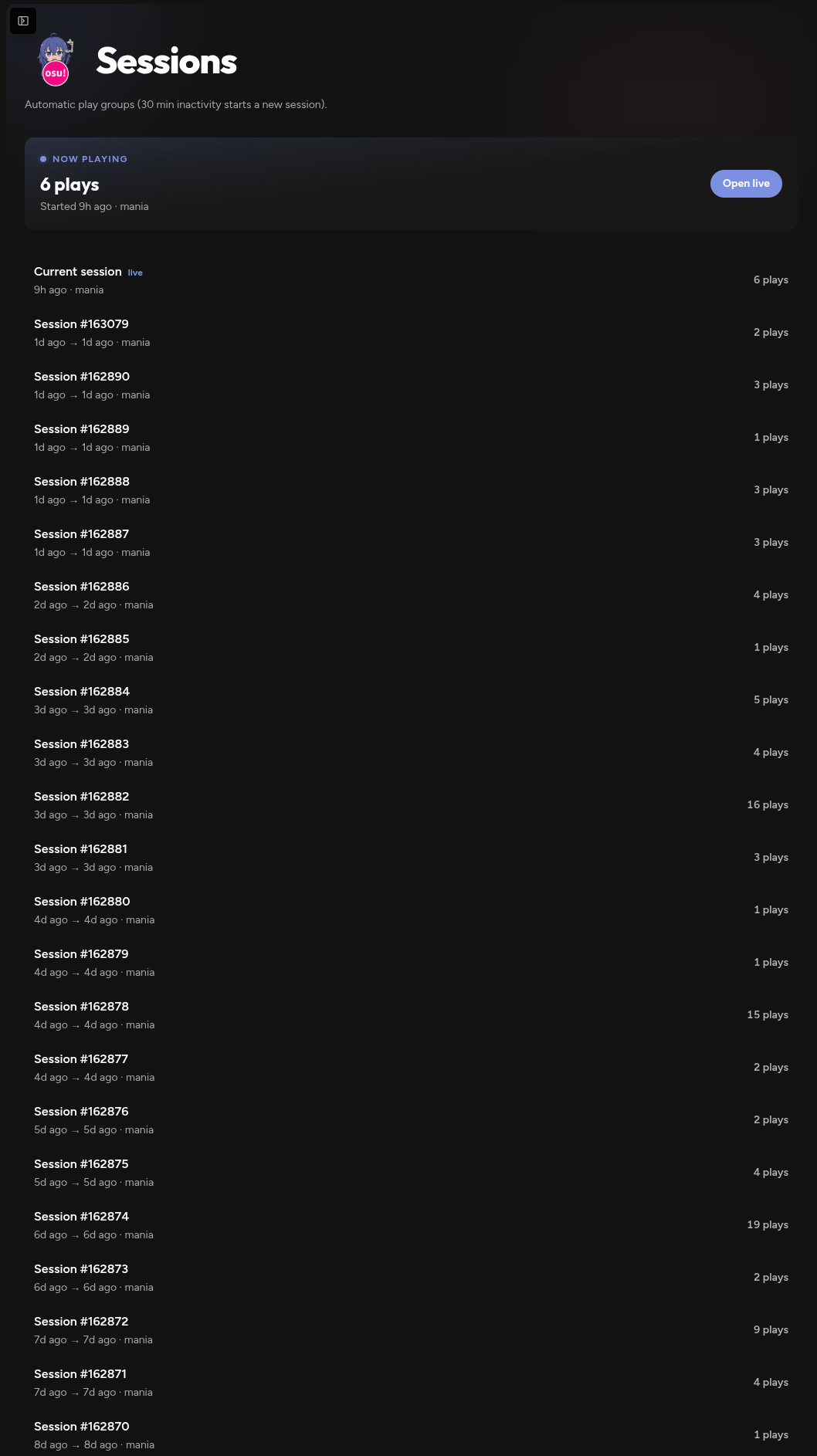 Sessions list with live current session
